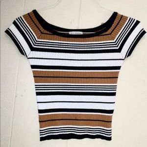 off-shoulder tan, white, and black stipe